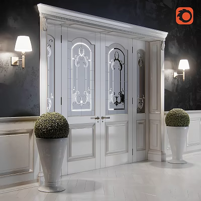 Elegant White Entry Interior With Stained Glass Door Wall Lamps And Green Topiaries 3d model