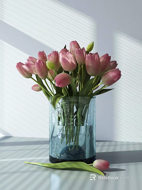 Pink Tulips Arranged in Transparent Glass Vase with Green Stems and Soft Light 3d model 