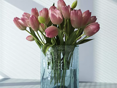 Pink Tulips Arranged in Transparent Glass Vase with Green Stems and Soft Light 3d model