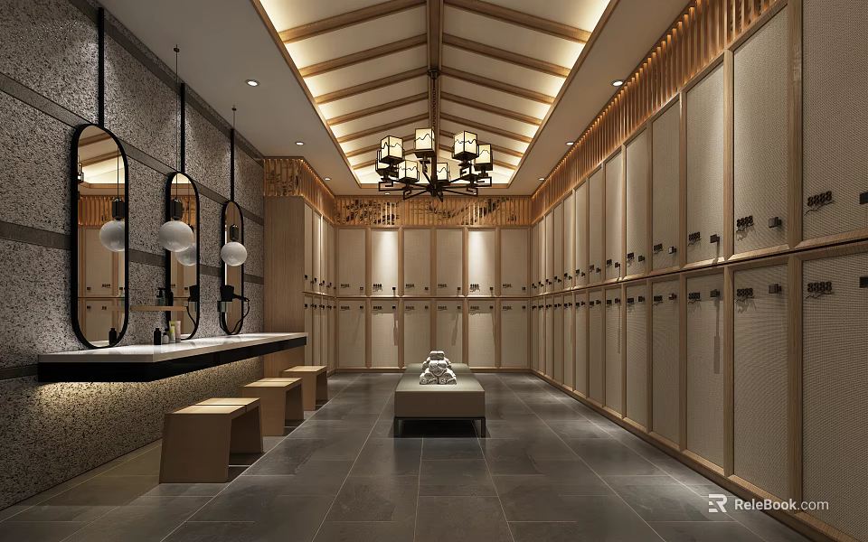 SPA Sauna Locker Room Interior With Wooden Lockers Chandeliers Mirrors And Benches 3d model 