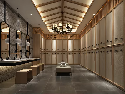 SPA Sauna Locker Room Interior With Wooden Lockers Chandeliers Mirrors And Benches 3d model