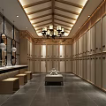 SPA Sauna Locker Room Interior With Wooden Lockers Chandeliers Mirrors And Benches