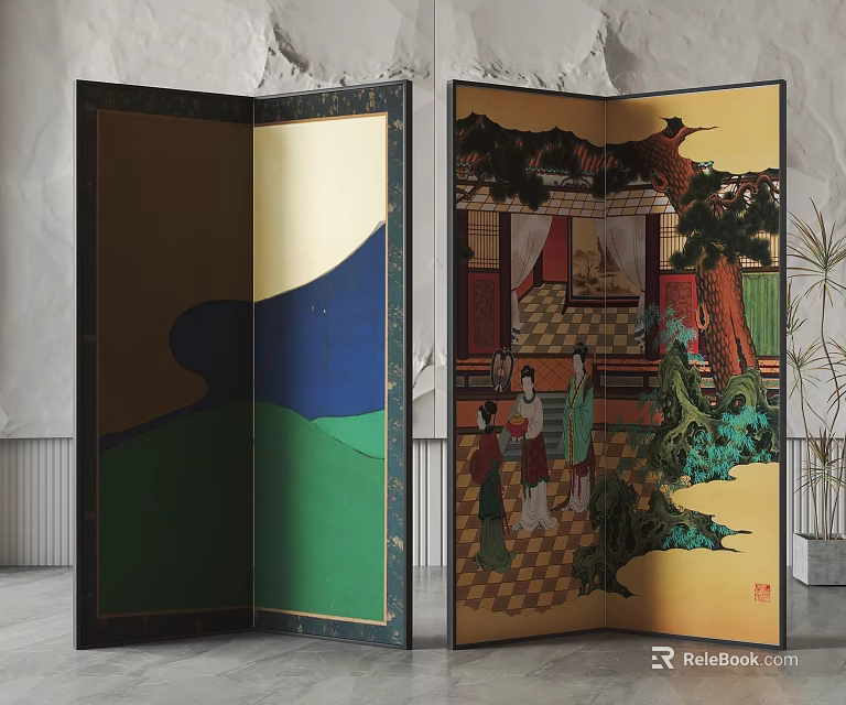 Traditional And Modern Decorative Screens Featuring Classical Figures And Abstract Patterns 3d model