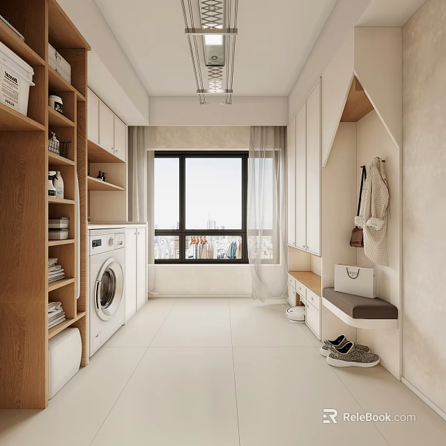 Modern Laundry Room Interior With Storage Cabinets Washing Machine Window And Shoes 3d model 