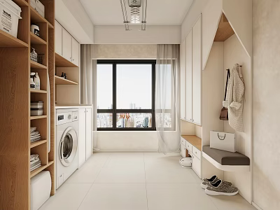 Modern Laundry Room Interior With Storage Cabinets Washing Machine Window And Shoes 3d model