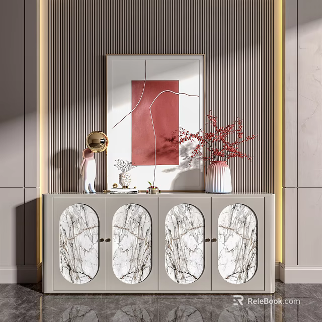 Modern Entryway Console Cabinet With Marble Doors Decorative Vase Red Branch And Wall Mirror 3d model 