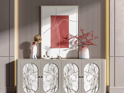 Modern Entryway Console Cabinet With Marble Doors Decorative Vase Red Branch And Wall Mirror 3d model