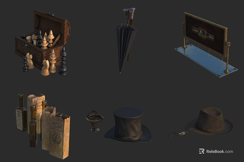 Vintage Decorative Ornament Set With Chess Pieces Wooden Chest Umbrella And Hats 3d model 
