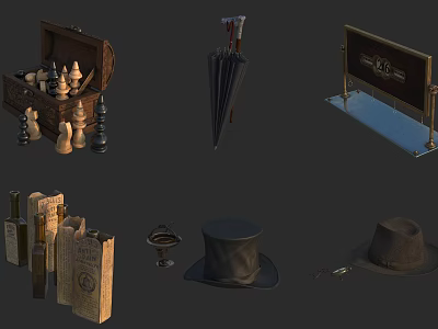 Vintage Decorative Ornament Set With Chess Pieces Wooden Chest Umbrella And Hats 3d model