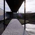 Modern Garden Landscape With Grey Marble Walls Vertical Waterfall Columns Reflective Pool And Pine Tree