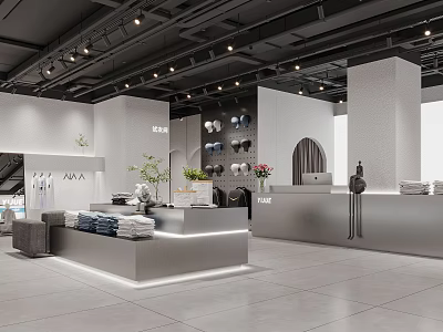 Modern Clothing Store Interior With Display Tables Stacked Apparel Checkout Counter And Plant Decor 3d model