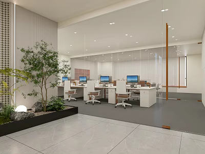 Modern Office Interior With Open Layout Desks Computers Office Chairs Green Plants And Natural Light 3d model