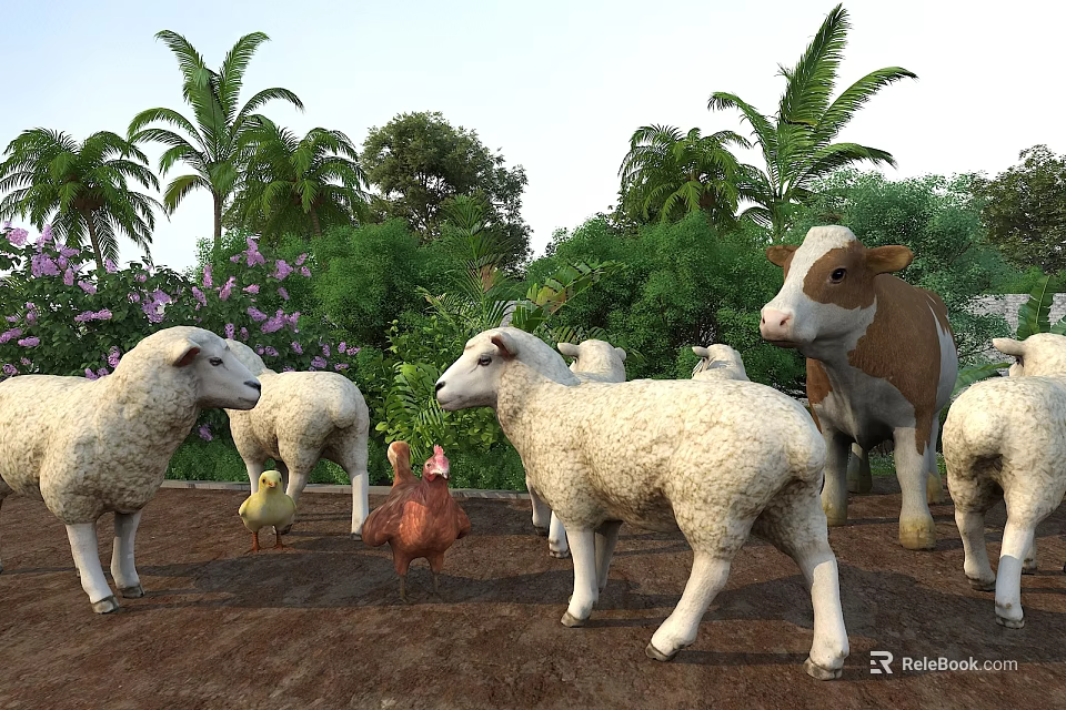 Garden Landscape With Sheep Cow Chicken Palm Trees Purple Flowers And Green Bushes 3d model 