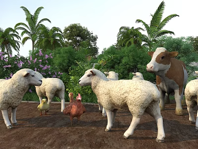 Garden Landscape With Sheep Cow Chicken Palm Trees Purple Flowers And Green Bushes 3d model