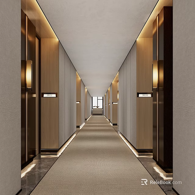 Modern Hotel Corridor Interior With Warm Lighting Carpeted Floor And Guest Room Doors 3d model 
