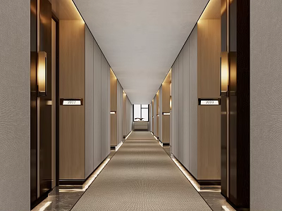 Modern Hotel Corridor Interior With Warm Lighting Carpeted Floor And Guest Room Doors 3d model