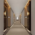 Modern Hotel Corridor Interior With Warm Lighting Carpeted Floor And Guest Room Doors