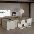 Modern Kitchen Interior With White Cabinets Island Counter Faucet Pendant Light And Chairs