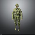 Military Character 3D Model In Green Uniform With Green Hat On Gray Gradient Background