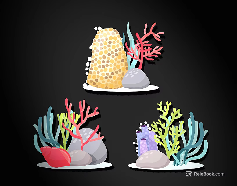 Decorative Ocean Themed Wall Decor with Colorful Coral Seaweed and Stones 3d model 
