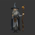 Wizard Fantasy Character In Robe Pointed Hat With Long Beard Holding Pumpkin Head Staff