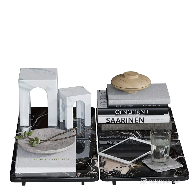 Stylish Decorative Ornament Set Featuring Marble Accents Stacked Books Wooden Lid And Glass Cup 3d model 