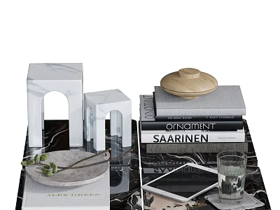Stylish Decorative Ornament Set Featuring Marble Accents Stacked Books Wooden Lid And Glass Cup 3d model