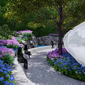 Modern White Pergola in Garden with People Enjoying Lush Greenery and Colorful Flowers