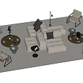 Modern White Upholstered Sofa and Round Coffee Table Set with Armchairs and Green Plants