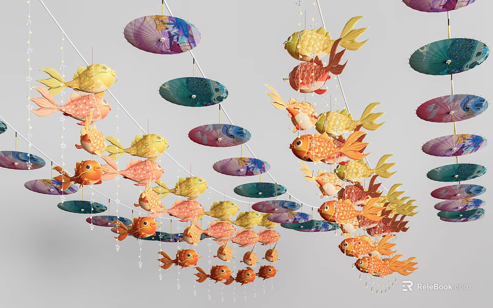 Vibrant Fish Shaped Lanterns Hanging With Various Colors And Unique Shapes 3d model 