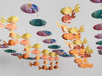 Vibrant Fish Shaped Lanterns Hanging With Various Colors And Unique Shapes 3d model