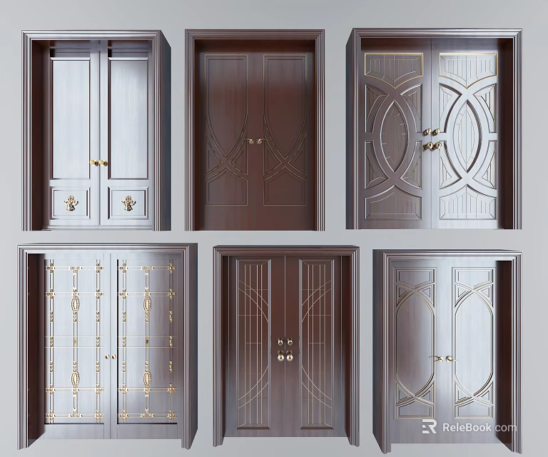 Different Designed Double Doors With Wooden Frames And Metal Decorative Details 3d model 