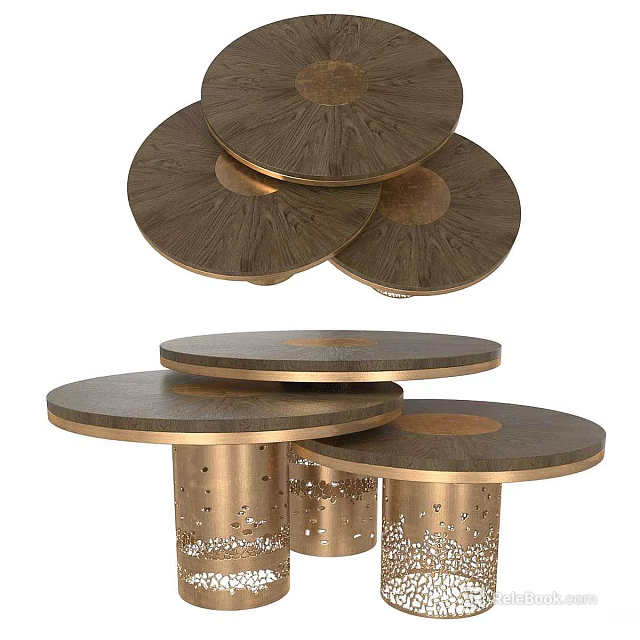 Modern Layered Round Wooden Top Coffee Tables with Metal Perforated Bases 3d model 
