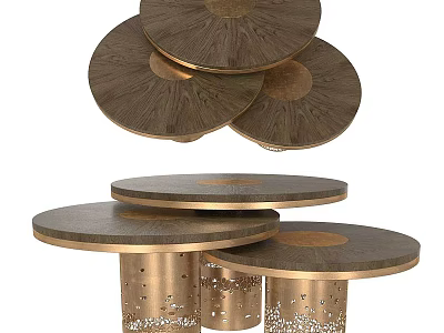 Modern Layered Round Wooden Top Coffee Tables with Metal Perforated Bases 3d model