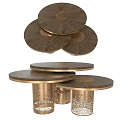 Modern Layered Round Wooden Top Coffee Tables with Metal Perforated Bases