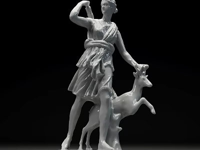 White Ceramic Statue Depicting Elegant Female Figure And Standing Deer 3d model
