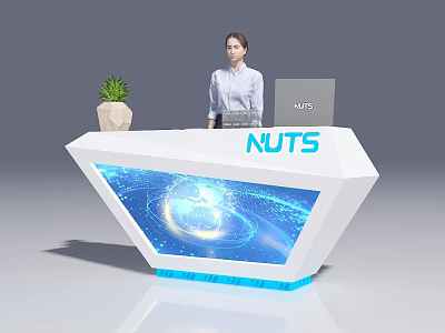 Modern Reception Desk With NUTS Logo Green Plant Laptop Tech Inspired Display And Female Receptionist 3d model