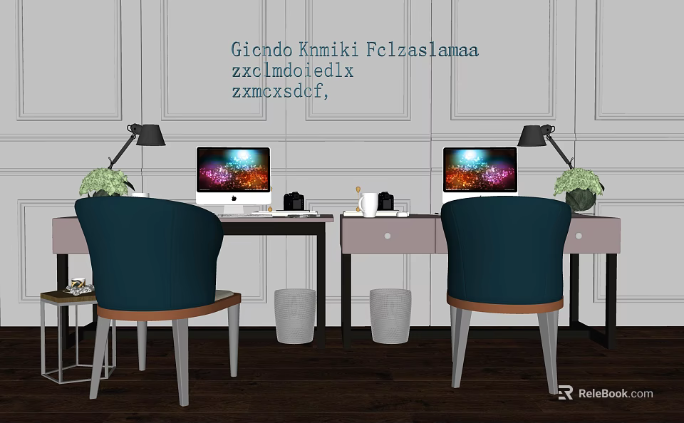 Modern Dual Desks Setup With Computer Monitors Table Lamps And Navy Blue Chairs 3d model 