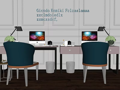 Modern Dual Desks Setup With Computer Monitors Table Lamps And Navy Blue Chairs 3d model