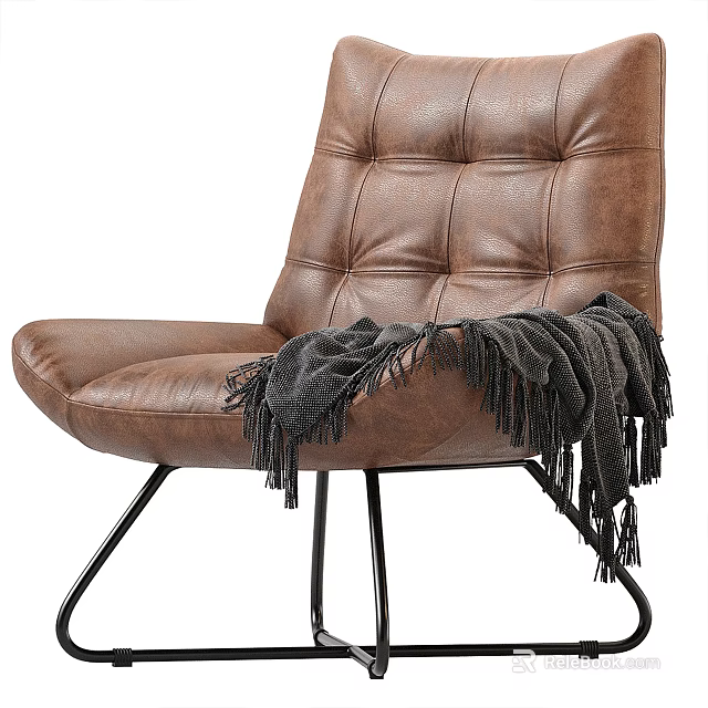 Brown Leather Tufted Leisure Chair With Gray Fringed Blanket Black Metal Legs Modern Design 3d model 