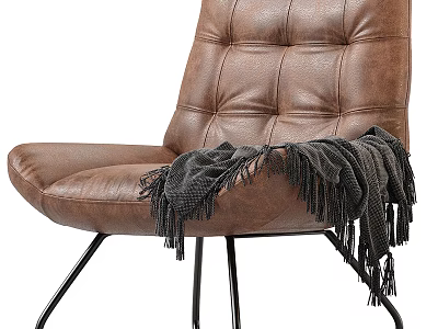 Brown Leather Tufted Leisure Chair With Gray Fringed Blanket Black Metal Legs Modern Design 3d model
