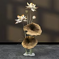 Floral Art Display With White Orange Edged Lotus Flowers Brown Leaves And Crystal Base