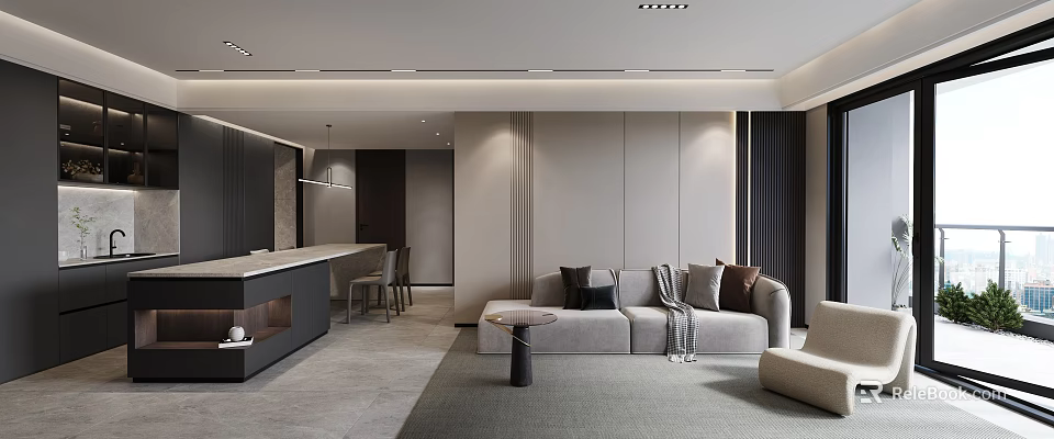 Modern Living Dining Room Interior With Grey Sofa Coffee Table Dining Chairs And Open Layout 3d model