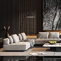 Modern Living Room With Large Decorative Painting Wooden Walls And Sofa Set