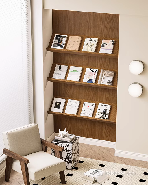 Wooden Display Shelf With Multiple Layers Holding Books In Living Room Interior 3d model 
