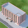 Pink Multi Storey Industrial Factory Building With Many Windows Green Grassland Blue Sky White Clouds