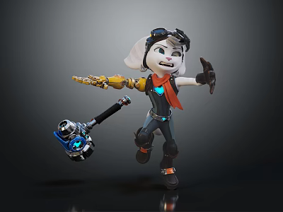 Game Movie Character with Goggles Mechanical Arm Red Scarf Hammer Weapon in Dynamic Pose 3d model