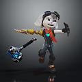 Game Movie Character with Goggles Mechanical Arm Red Scarf Hammer Weapon in Dynamic Pose