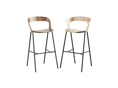 Modern Bar Stools With Wooden Seat And Black Metal Legs Curved Backrest Design 3d model