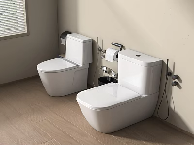 Two Modern White Toilets In Clean Bathroom Interior With Essential Accessories 3d model